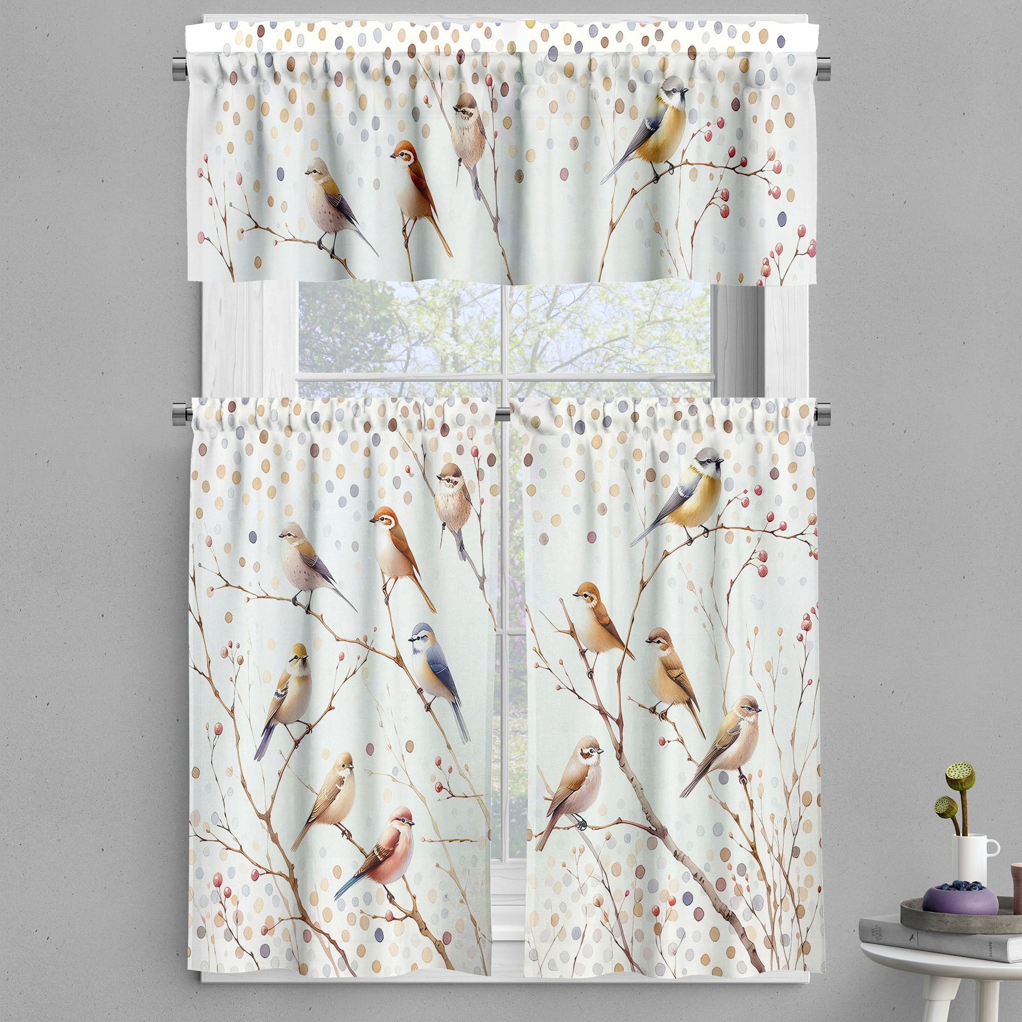 Blue Bird Print Polyester Kitchen Curtain Set