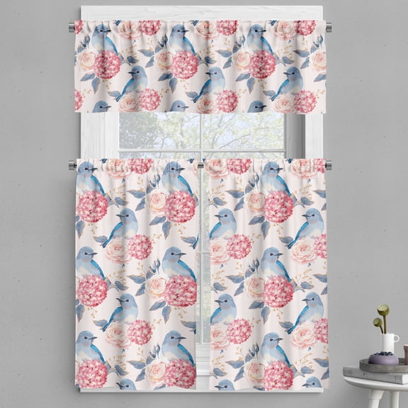 Ambesonne Bird Print Valance & Curtain, Hydrengea Peony Floral, 55"x24", Soft Blue Rose and Pale Pink