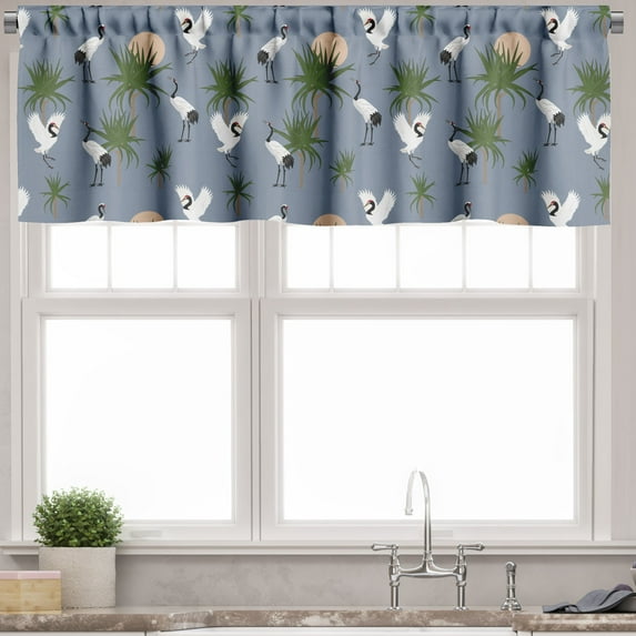 Ambesonne Bird Print Valance Pack of 2, Japanese Cranes and Bush, 42"X12", Purpleblue Multicolor