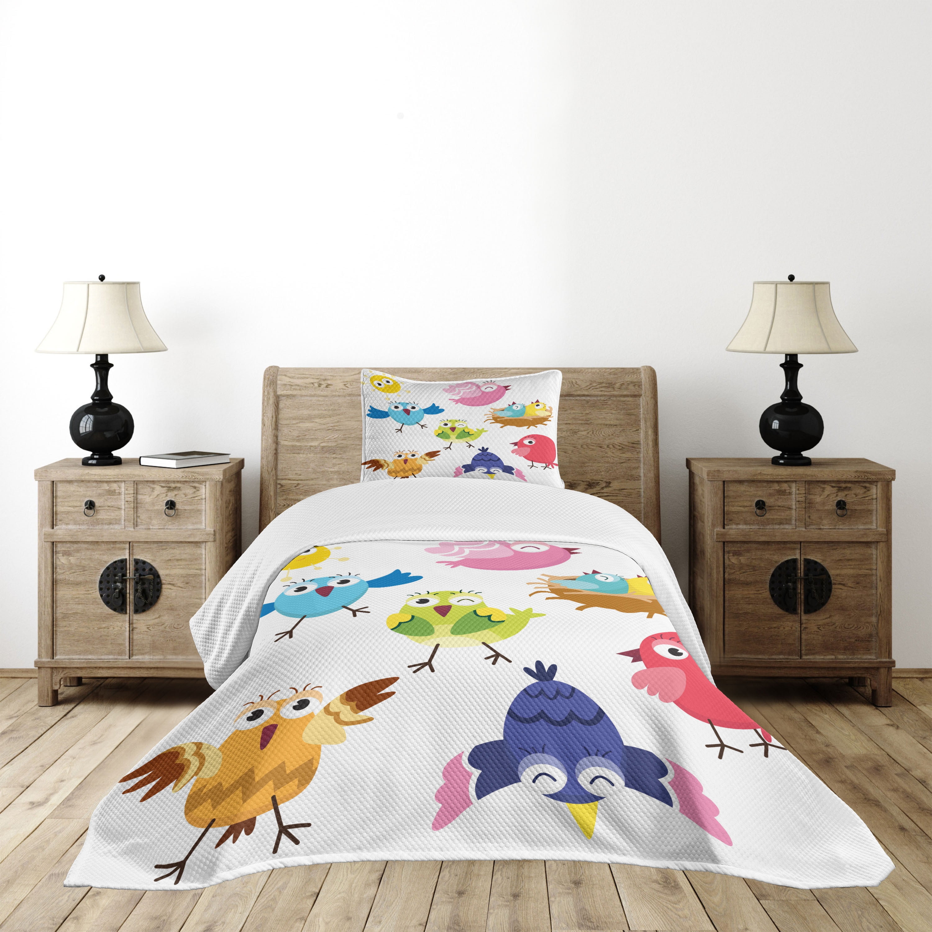 White Twin Quilted Bedspread Set with Cartoon Birds