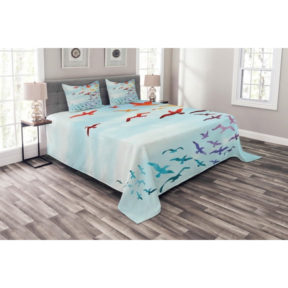 Ambesonne Bird Quilted Bedspread Set 3 Pcs, Flying Freedom Sky Art, Queen Size, Red Blue