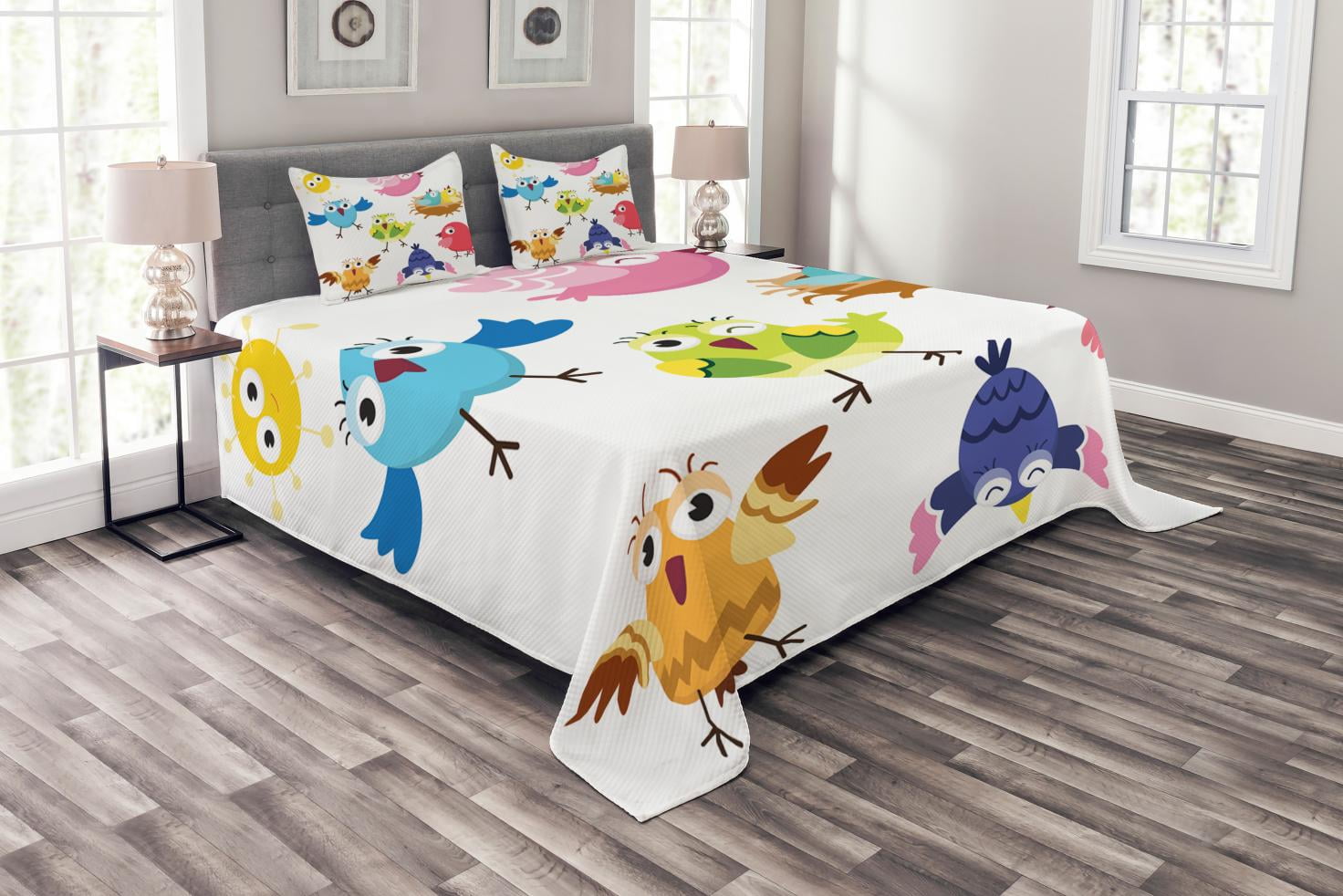 White Quilted Kids Queen Bedspread Set with Cartoon Birds