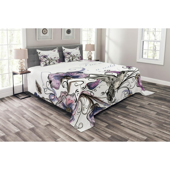 Ambesonne Bird Quilted Bedspread Set 3 Pcs, Ornate Flowers Leaves, King Size, Purple Black