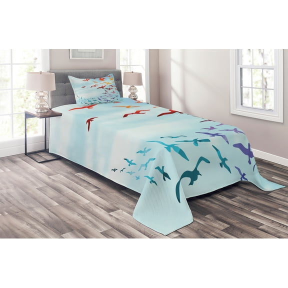 Ambesonne Bird Quilted Coverlet 2 Pcs, Flying Freedom Sky Art, Twin Size, Red Blue