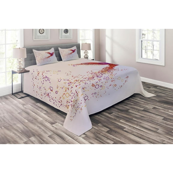 Ambesonne Bird Quilted Coverlet 3 Pcs, Abstract Hummingbird, Queen Size, Multicolor