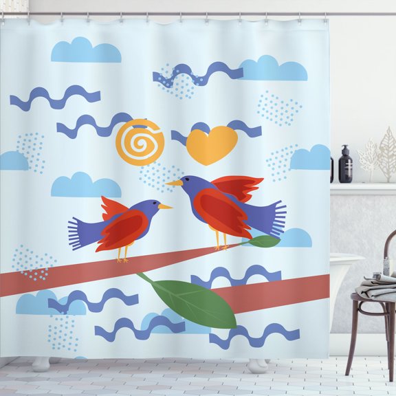 Ambesonne Bird Shower Curtain, Animals on Branches Clouds Art, 69"Wx70"L, Soft Blue Blue Violet