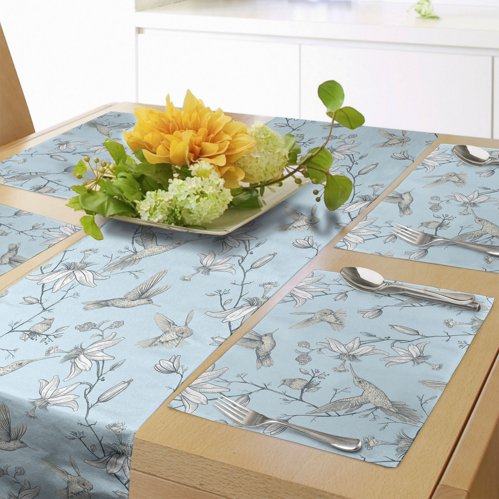 Ambesonne Bird Table Runner & Placemats, Hummingbirds Classy Drawing
