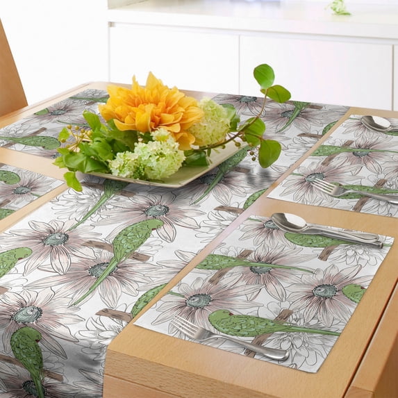 Ambesonne Bird Table Runner & Placemats, Vintage Birds and Flower Art, Placemat 4 pcs + Runner 12"x90", Olive Green Salmon