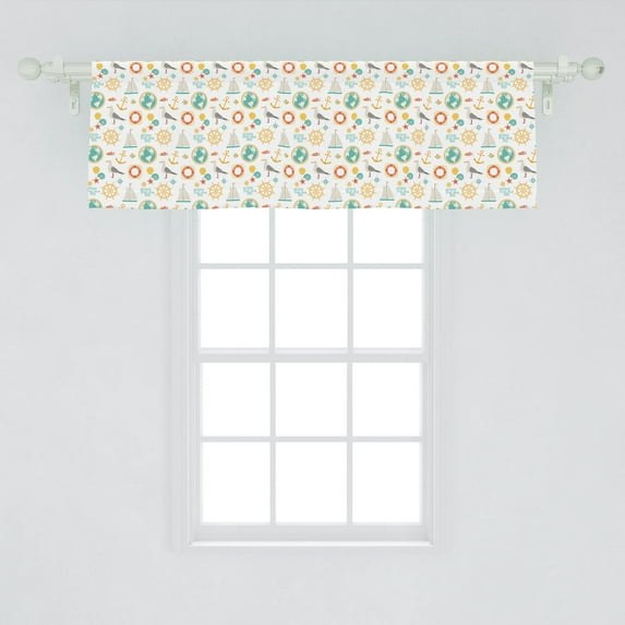 Ambesonne Bird Window Valance, Enjoy the Sea Life Lettering Steering Wheel Seagulls Maritime Sea Shells, Curtain Valance for Kitchen Bedroom Decor with Rod Pocket, 54" X 18", Pale Teal and Dark Peach