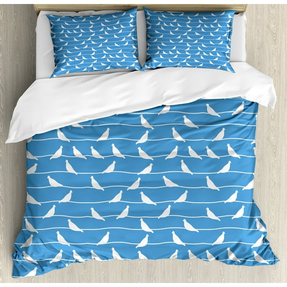 Ambesonne Bird on a Wire Duvet Cover Sets, Doves on Lines, 2-King, Sky Blue and White