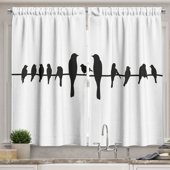 Ambesonne Bird on a Wire Kitchen Curtains, Big Little Avian Art, 55"x30", Charcoal Grey and White