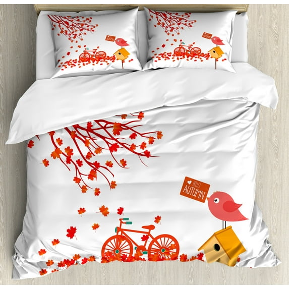 Ambesonne Birdhouse Duvet Cover Sets, Tree Leaves Foliage, 2-Queen, Marigold Vermilion