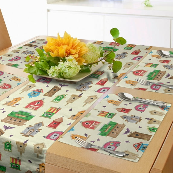 Ambesonne Birdhouse Table Runner & Placemats, Human Made Bird Nest Art, Placemat 4 pcs + Runner 14"x90", Cream Multicolor