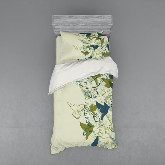 Ambesonne Birds Bedding Set 3 Pcs, Flock of Flying Pigeons, Twin, Green Teal Cream