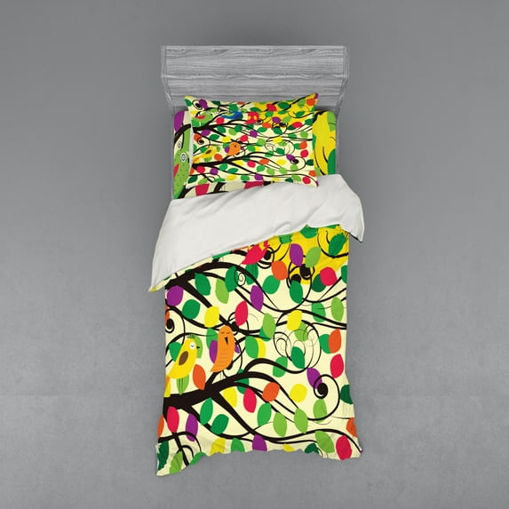 Ambesonne Birds Bedding Set 3 Pcs, Happy Birds Colorful Tree, Twin, Multicolor