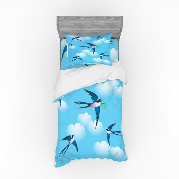Ambesonne Birds Bedding Set 3 Pcs, Hirundo Atrocaerulea, Twin XL, Multicolor