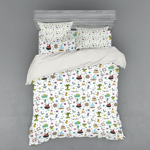 Ambesonne Birds Bedding Set 4 Pcs, Nautical Cartoon Elements, Queen, Multicolor
