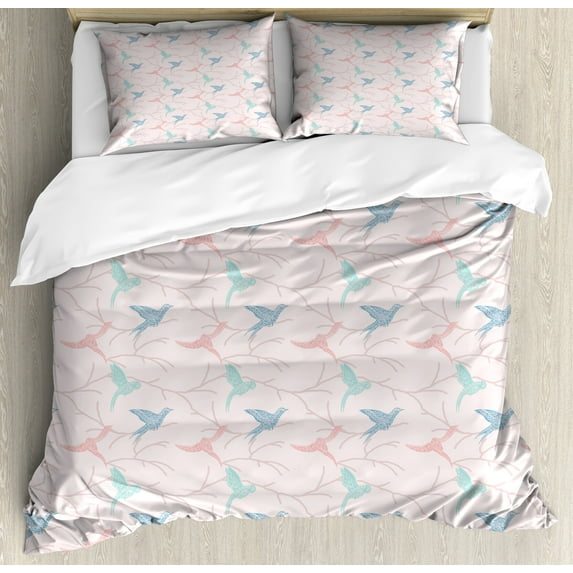 Ambesonne Birds Duvet Cover Set, Flying Bird Branches Graphic, Queen, Pale Rose Pale Seafoam