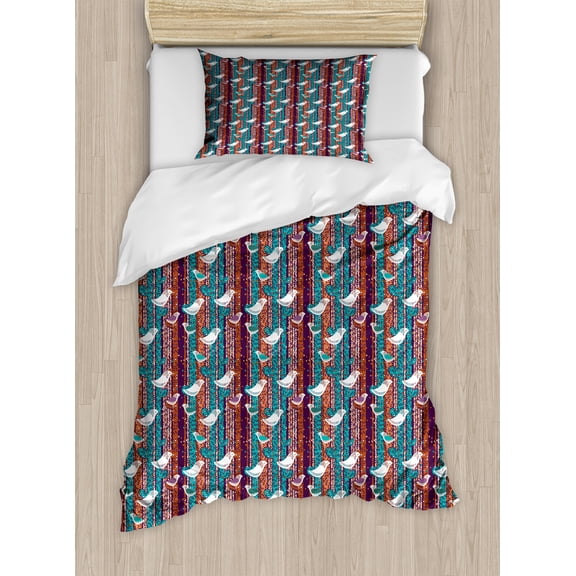 Ambesonne Birds Duvet Cover Sets, Colorful Branches Stripes, 2-Twin, Plum Turquoise and Salmon