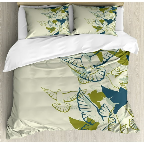 Ambesonne Birds Duvet Cover Sets, Flock of Flying Pigeons, 2-Queen, Green Teal Cream