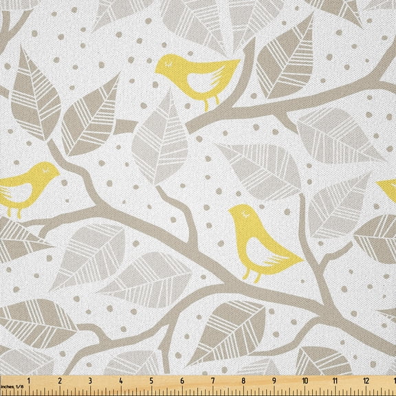 Ambesonne Birds Fabric by the Yard Microfiber, Abstract Lobed Leaves, 1 Yard, Pale Grey Mustard