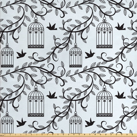 Ambesonne Birds Fabric by the Yard Upholstery, Branch of Floral Tree, 3 Yards, Blue Black
