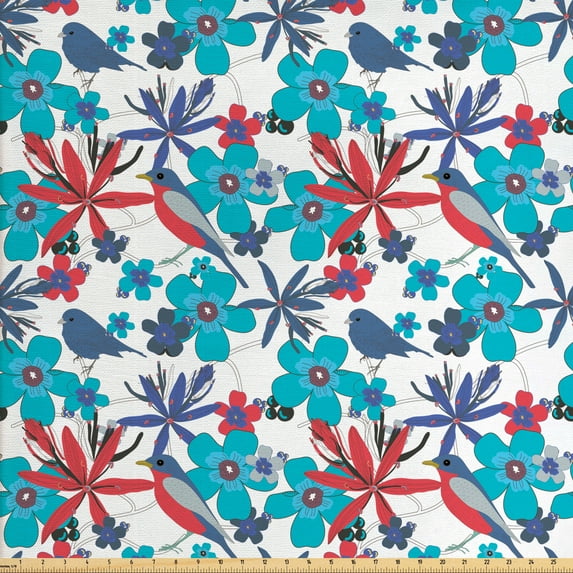 Ambesonne Birds Fabric by the Yard Upholstery, Branches and Little Birds, 3 Yards, Multicolor