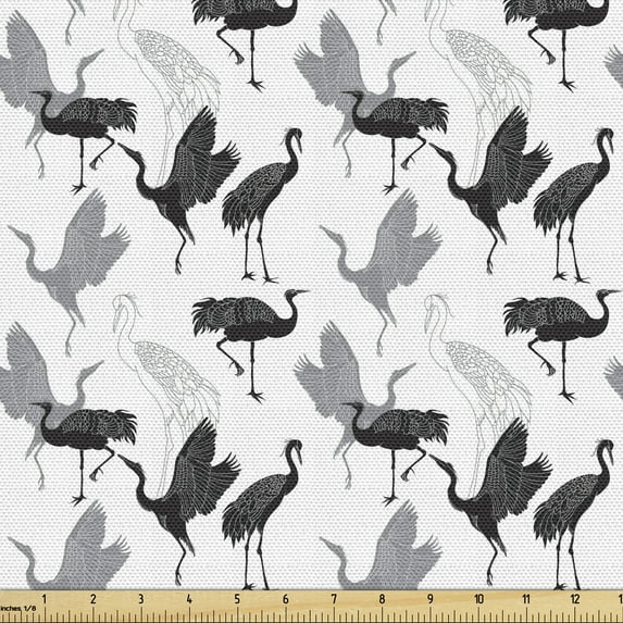 Ambesonne Birds Fabric by the Yard Upholstery, Crane Silhouettes Graphic Art, 5 Yards, Charcoal Grey and White