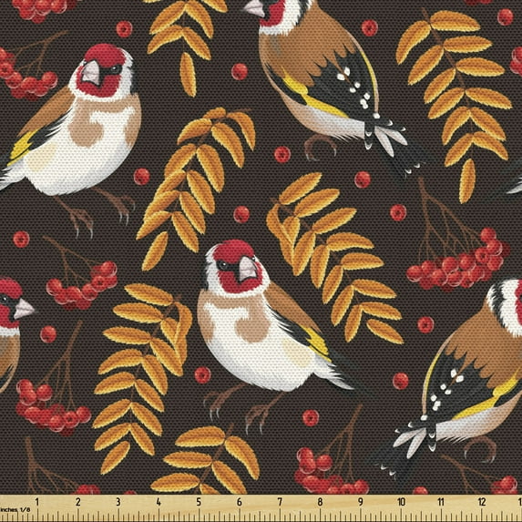 Ambesonne Birds Fabric by the Yard Upholstery, Goldfinch Berry Pattern, 1 Yard, Multicolor