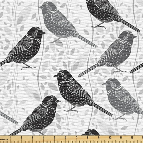 Ambesonne Birds Fabric by the Yard Upholstery, Northern Mockingbirds, 1 Yard, Grey Black White