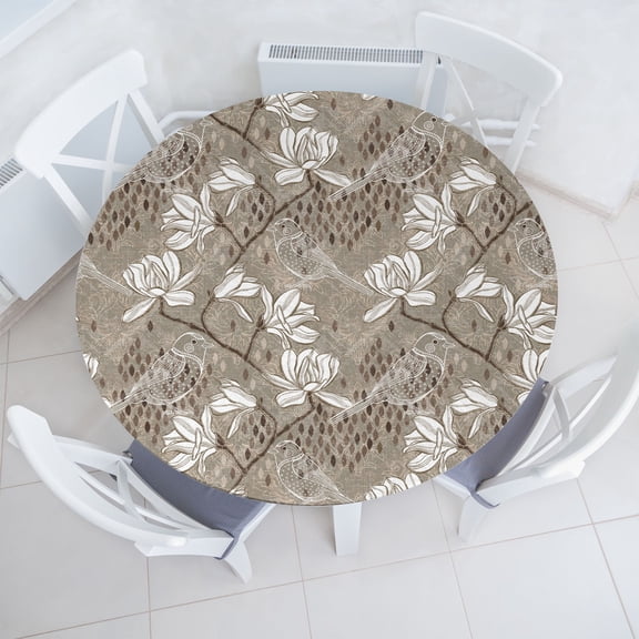 Ambesonne Birds Fitted Round Tablecloth, Boho Pattern Magnolia Floral, 56"- 60" Diameter, Umber and Pale Taupe