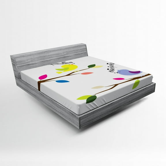 Ambesonne Birds Fitted Sheet, Colorful Mascots Singing, Queen Size, Multicolor