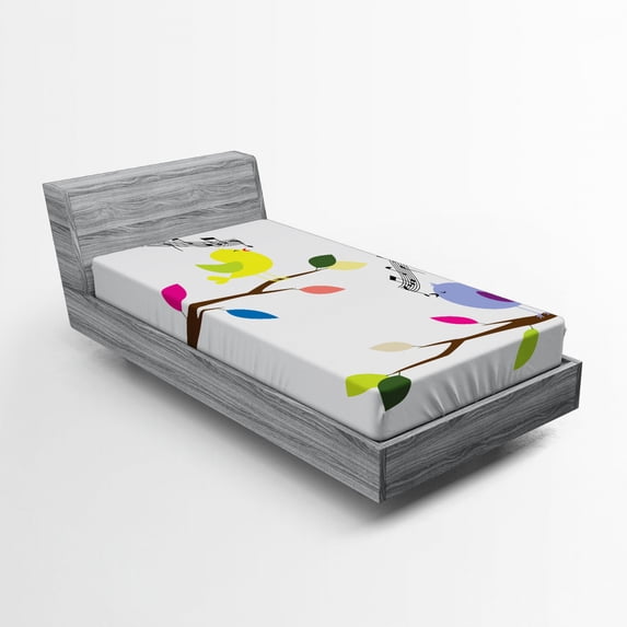 Ambesonne Birds Fitted Sheet, Colorful Mascots Singing, Twin Size, Multicolor