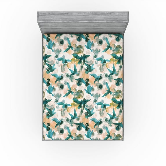 Ambesonne Birds Fitted Sheet, Flying Swallow Silhouettes, King Size, Petrol Blue Almond and Peach