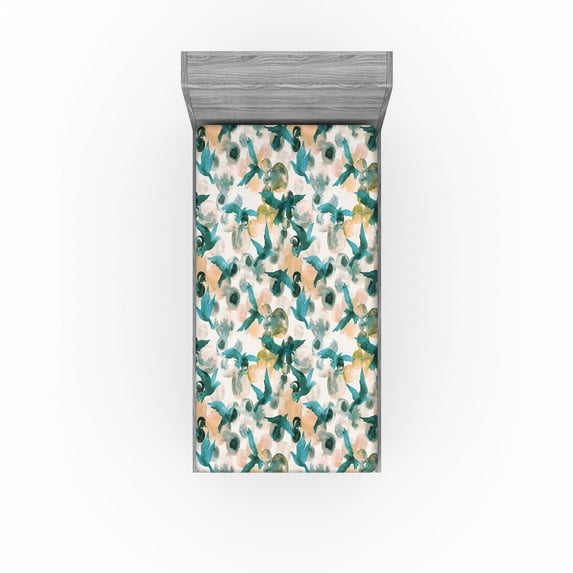 Ambesonne Birds Fitted Sheet, Flying Swallow Silhouettes, Twin XL Size, Petrol Blue Almond and Peach