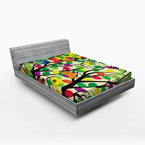Ambesonne Birds Fitted Sheet, Happy Birds Colorful Tree, Queen Size, Multicolor