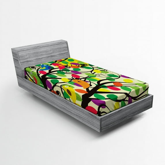 Ambesonne Birds Fitted Sheet, Happy Birds Colorful Tree, Twin XL Size, Multicolor