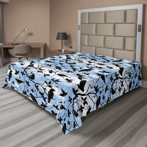 Ambesonne Birds Flat Sheet, Branches Swallow Silhouettes, King Size, Pale Azure Blue and Black