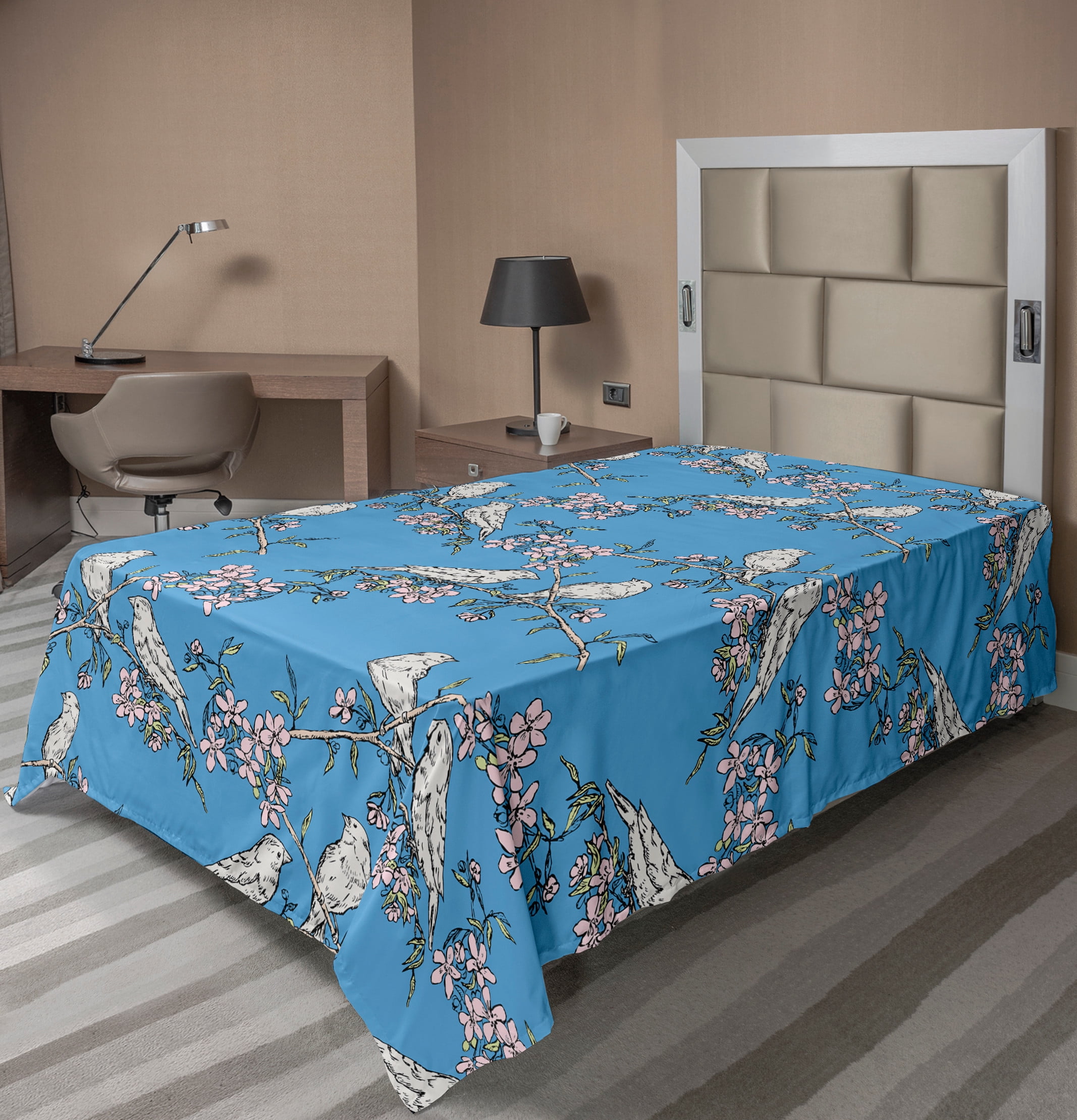 Ambesonne Birds Flat Sheet, Cherry Blossom and Finches, Twin Size, Pale ...