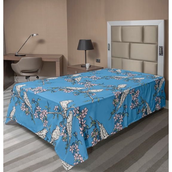 Ambesonne Birds Flat Sheet, Cherry Blossom and Finches, Twin Size, Pale Pink Azure Blue