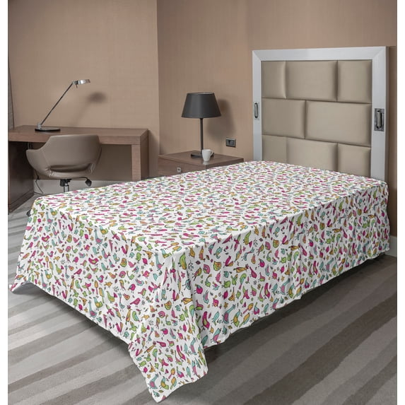 Ambesonne Birds Flat Sheet, Doodle Floral Details, Twin Size, Multicolor