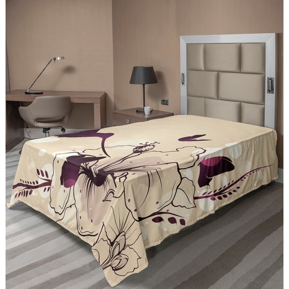 Ambesonne Birds Flat Sheet, Flappy Tiny Hummingbirds, Twin Size, Pale Peach and Purple
