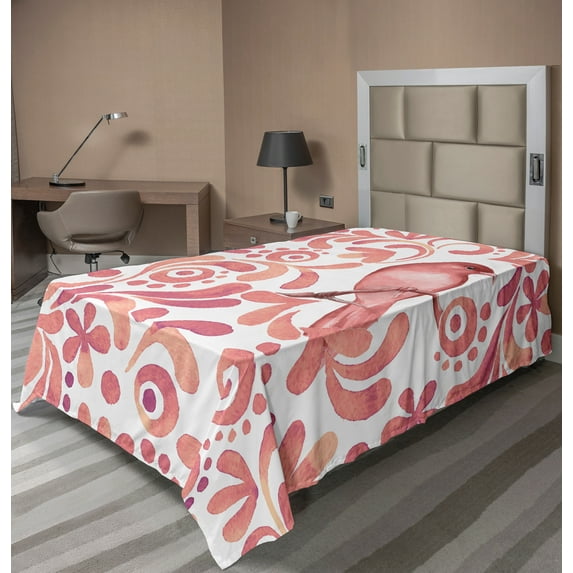 Ambesonne Birds Flat Sheet, Salmon Colored Pattern, TwinXL Size, Coral Salmon and Peach