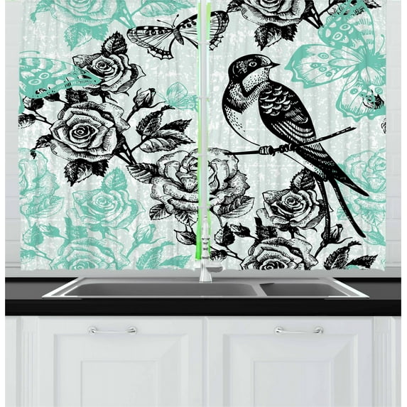 Ambesonne Birds Kitchen Curtains, Mockingbird on Rose Tree, 55"x45", Pale Blue Pale Blue
