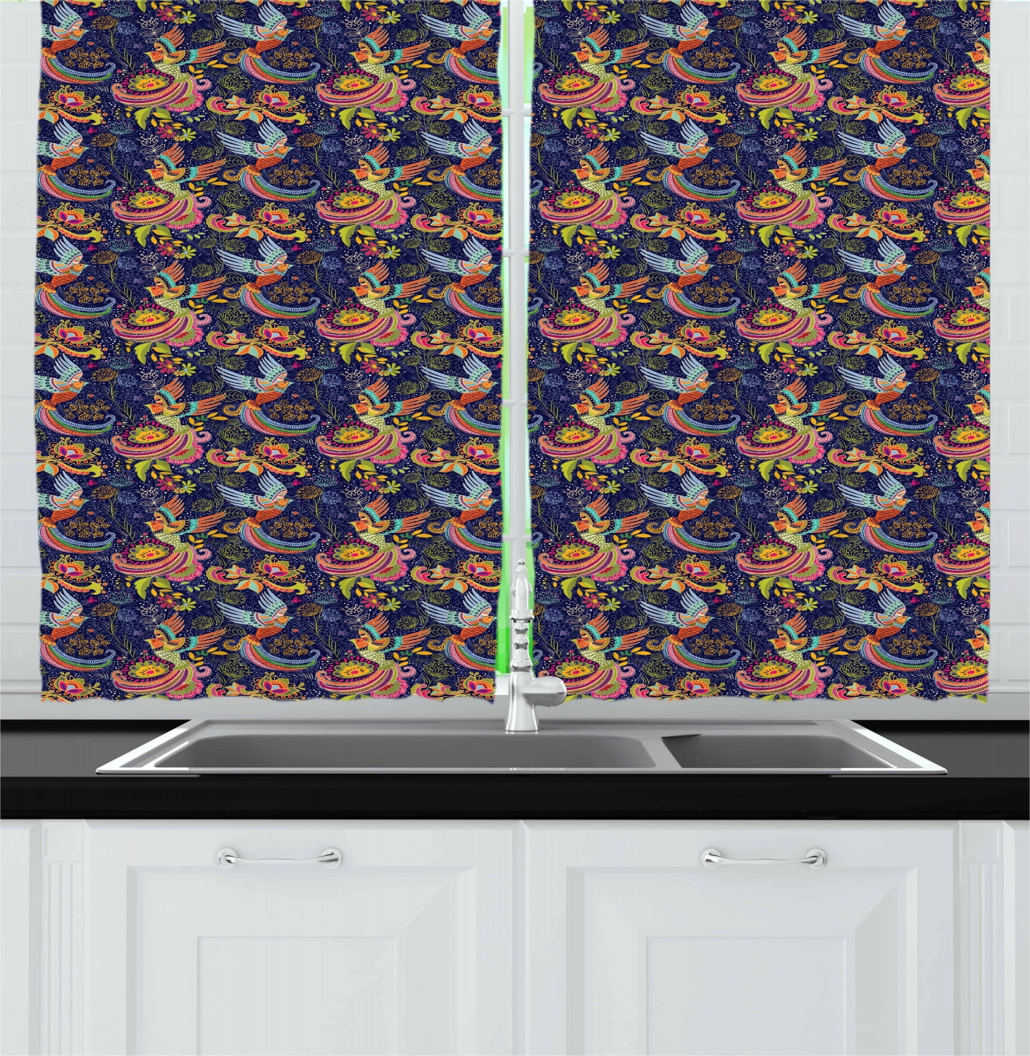 Mythical Phoenix Bird Multicolor Polyester Kitchen Curtains, 55" x 39"