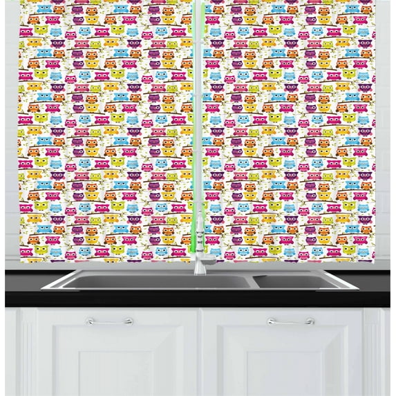 Ambesonne Birds Kitchen Curtains, Winking Long-Eared Owl, 55"x39", Multicolor