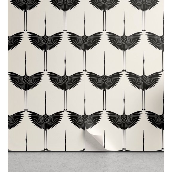 Ambesonne Birds Peel & Stick Wallpaper for Home, Ethnic Traditional Crane Art, 13"x100", Eggshell and Black