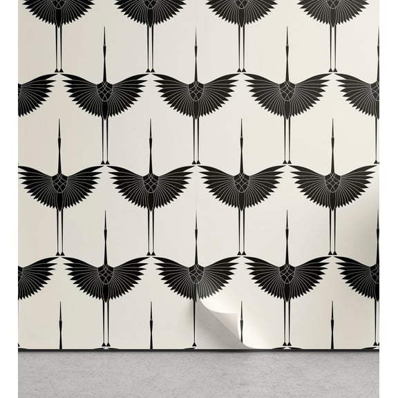 Ambesonne Birds Peel & Stick Wallpaper for Home, Ethnic Traditional Crane Art, 13"x36", Eggshell and Black