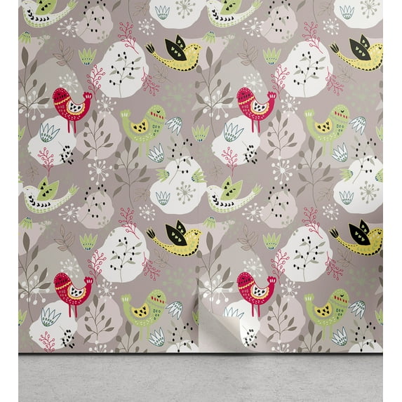 Ambesonne Birds Peel & Stick Wallpaper for Home, Scandi Woodland Flowers Boho, 13"x100", Magenta Green Dusk