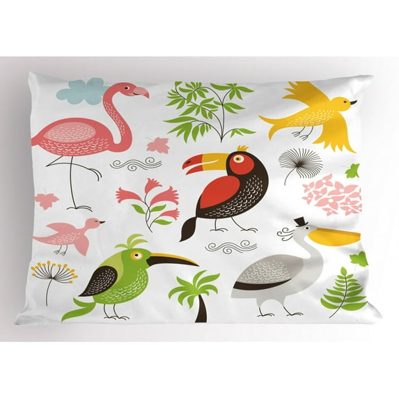 Ambesonne Birds Pillow Sham, Flamingo and Pelican, 26" X 20", Multicolor